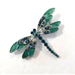 Dragonfly Brooch Pin Crystals Enamel Green Blue Silver Tone 2.75 x 2 Inch
